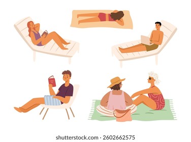 Resting on beach or pool. Vector women sitting on blanket, girl sunbathing. Male and female characters laying on desk chairs, working on laptop and reading books. Summertime leisure, seaside vacation