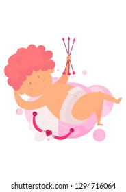 ?upid resting on pink clouds. Boy angel with bow and arrow. Valentine's Day,Vector image, cartoon character