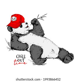 Resting panda in a red baseball cap chews a blade of grass. Funny pose. Humor textile composition, hand drawn style print. Vector illustration.