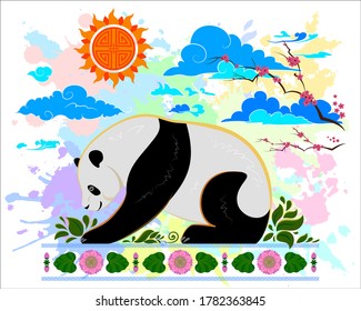 A resting panda soaking up the sun surrounded by clouds, cherry blossom and lotus decorations in Chinese and Tibetan style. Design of hoodies, sweatshirts, bags, bags, notebooks