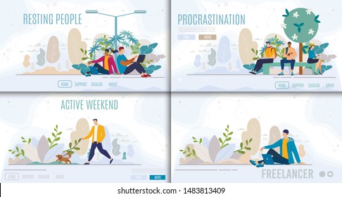 Resting People, Active Weekend, Freelancer Work, Procrastination Online Flat Vector Web Banners, Landing Pages Set. Freelancer Working Outdoor, People Chatting, Walk with Dog in Park Illustration