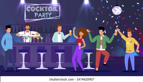 Resting People Crowd and Nightclub Staff at Work. Men and Women Dancing. Barman Pour Drinks in Glasses. Waiter Offer Beverage to Female Visitor. Cocktail Party Neon Sign. Vector Illustration Cartoon
