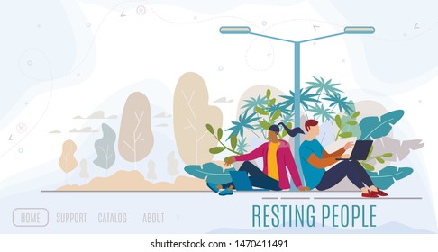 Resting People, Modern City Park, Recreational Area, Public Space for Citizens Leisure Flat Vector Web Banner, Landing Page Template. Man and Woman Sitting on Grass in Park, Using Laptop Illustration