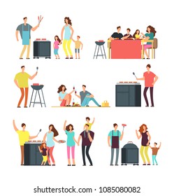 Resting people on bbq picnic. Active family and kids playing outdoor. Cartoon vector characters isolated. Family eat food, picnic and barbecue illustration