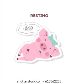 Resting pig sticker. Isolated cute sticker on white background.