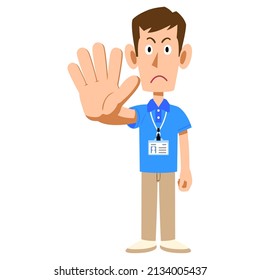 Resting pose of a male staff wearing a name tag in a short-sleeved polo shirt