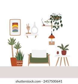Resting and relaxing zone. Lounge area with many houseplants in house. Home office interior part design. Cozy scene with cute furniture and home decor. Living room hand drawn flat vector illustration