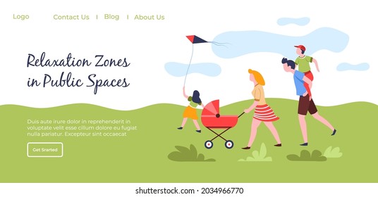 Resting and relaxing zone in public park for families and kids. Parents and children walking at weekends, calm and tranquil lifestyle. Website or webpage template, landing page flat style vector