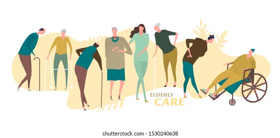 Resting seniors and assistants. Center for retired, sick people. Nursing house. Caregiving, volunteering, social support. Medicine, elderly care, healthy lifestyle concept. Vector illustration