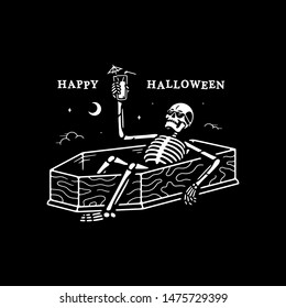 RESTING SKELETON WITH COCKTAIL IN A COFFIN BANNER WHITE BLACK BACKGROUND