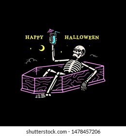 RESTING SKELETON WITH COCKTAIL IN A COFFIN BANNER COLOR BLACK BACKGROUND