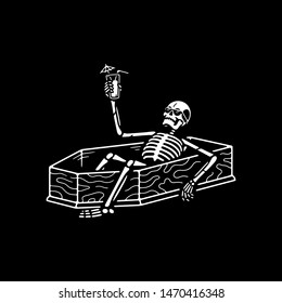 RESTING SKELETON WITH COCKTAIL IN A COFFIN WHITE BLACK BACKGROUND
