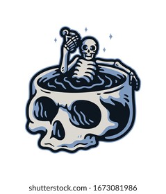 RESTING SKELETON WITH COCKTAIL IN A SKULL. VECTOR ILLUSTRATION