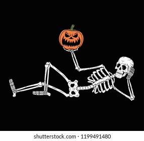 RESTING SKELETON WITH PUMPKIN JACK-O-LANTERN BLACK BACKGROUND