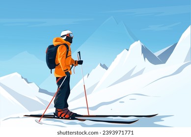 Esquiador en cálido traje de deporte anaranjado de invierno en plena capacidad cerca de cuesta abajo. Pintoresco paisaje montañoso al fondo. Estilo de vida activo. El pico del hielo. Complejo vacacional. Ilustración del vector