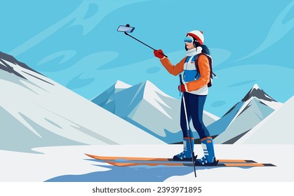 Resting skier in warm winter orange sport suit standing in full equipment near downhill pointing out destination. Picturesque mountain landscape. Active lifestyle. Holiday resort. Vector illustration