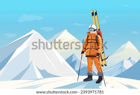 Resting skier in warm winter orange sport suit standing in full equipment near downhill. Picturesque mountain landscape in background. Active lifestyle. Ice peak. Ski resort. Vector illustration