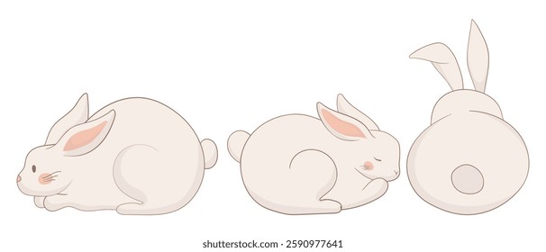 Resting, sleeping, and back-view bunny icon. One rabbit lies down, another is curled up asleep, and the third is viewed from behind. A soft and minimalist animal illustration