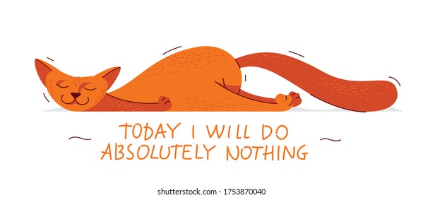 Resting weekend after work concept vector illustration, cartoon cute cat lays down on a ground like a dead tired with quote lettering.