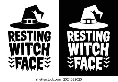 Resting Witch Face creepy Halloween typography T-shirt design isolated on black and white background 