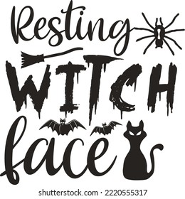 Resting witch face. Holiday lettering for banner. Happy Halloween poster, greeting card, party invitation. Vector illustration.