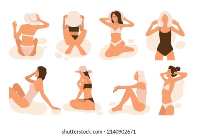 Resting women on the beach Set. Tanning girls in swimsuits  in different poses sitting on the sand. Summer vacation aesthetic collection. Vector illustration in cartoon style. Isolated background