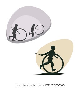 A restless boy playing with an old expired bicycle tire. Flat vector character design concepts set.
