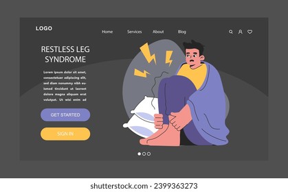 Restless legs syndrome or RLS dark or night mode web, landing. Nighttime problem. Insomniac man with unsettling twitching feet. Anxiety and neurosis, sleep disorder. Flat vector illustration.