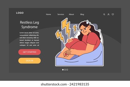 Restless legs syndrome or RLS dark or night mode web, landing. Nighttime problem. Insomniac woman with unsettling twitching feet. Anxiety and neurosis, sleep disorder. Flat vector illustration.