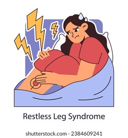 Restless legs syndrome or RLS. Nighttime problem. Insomniac woman with unsettling twitching feet or lower limbs. Anxiety and neurosis, sleep disorder. Flat vector illustration.