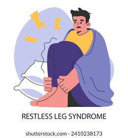 Restless legs syndrome or RLS. Nighttime problem. Insomniac man with unsettling twitching feet or lower limbs. Anxiety and neurosis, sleep disorder. Flat vector illustration.