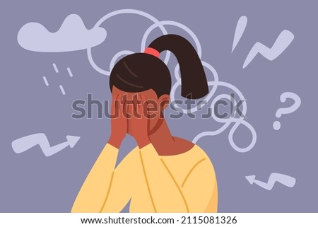 Restless person. Mental compulsive disturb depression character, disorder in head, issue regret cloud, psychotherapies, vector illustration. Stress disorder mental
