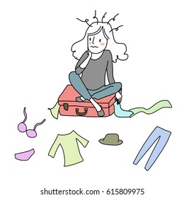 Restless woman sitting on her overflowed luggage bag. Her clothes are scattered on the floor. Vector illustration with hand-drawn style.