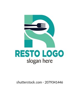 Resto logo letter R with cutlery, spoon and fork icons