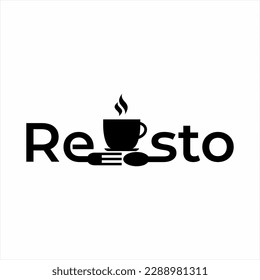 Resto word design with spoon, fork and cup of hot coffee.