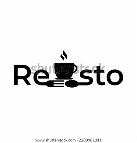 Resto word design with spoon, fork and cup of hot coffee.