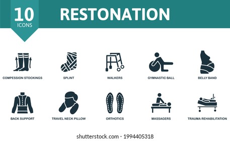 Restonation icon set. Contains editable icons trauma rehabilitation theme such as compression stockings, walkers, belly band and more. svg