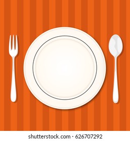 Restorant table with fork, knife and plate. Vector illustration. Flat design.