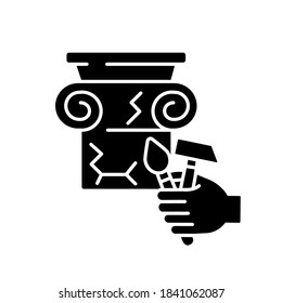 Restoration black glyph icon. Renovate cracked greek column. Professional decorator work. Building improvement. Craftsmanship service. Silhouette symbol on white space. Vector isolated illustration