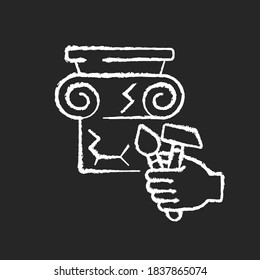 Restoration chalk white icon on black background. Renovate cracked greek column. Professional decorator. Classic building improvement. Craftsmanship service. Isolated vector chalkboard illustration