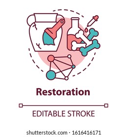 Restoration concept icon. Laboratory analysis archeological artifacts. Prehistoric remains study. History reconstruction idea thin line illustration. Vector isolated outline drawing. Editable stroke