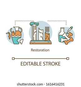 Restoration concept icon. Reconstruction of historical artifacts, buildings. Preservation of monuments of ancient peoples idea thin line illustration. Vector isolated outline drawing. Editable stroke