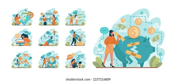 Restoration concept set. Post crisis growth or recovery. Process of business or self development. Flat vector illustration