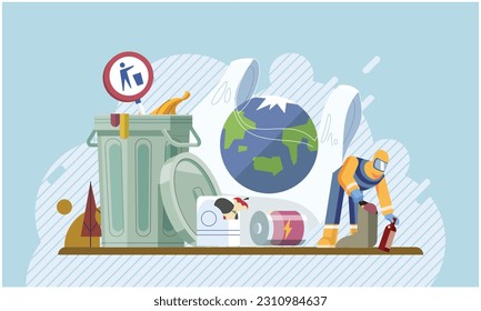 Restoration of ecology of planet. Environment contamination by industrial production. Waste pile and container disposed on street exterior. Activist, volunteer cleaning city from human activity waste