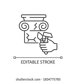 Restoration linear icon. Renovate cracked greek column. Professional decorator work. Thin line customizable illustration. Contour symbol. Vector isolated outline drawing. Editable stroke