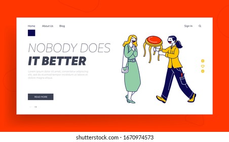 Restoration and Modernization Works Landing Page Template. Happy Woman Designer Character Giving Renovated Stool to Grateful Customer. People Engaged Creative Service. Linear Vector Illustration