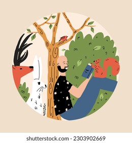 Restoration of natural habitats and wildlife. A man sits in a wild park and reads a book, surrounded by animals. Vector illustration