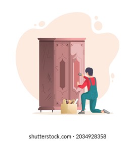 Restoration of old furniture. Craftsman repair vintage battered antique cupboard with cracks and scratches. Man handmade repairing retro cabinet use equipment supplies at workshop cartoon vector