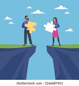 Restoration of relations. Bridging the relationship gap, man and woman with puzzles in hands on edge of abyss, family psychotherapy, couple success communication vector isolated concept