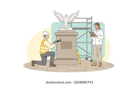 Restoration team cleaning and inspecting a historical stone bird monument statue